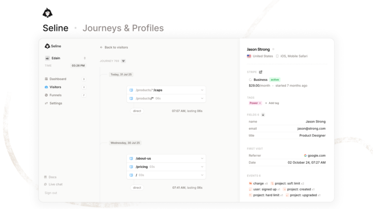 Seline user journey timeline shows session pages and events