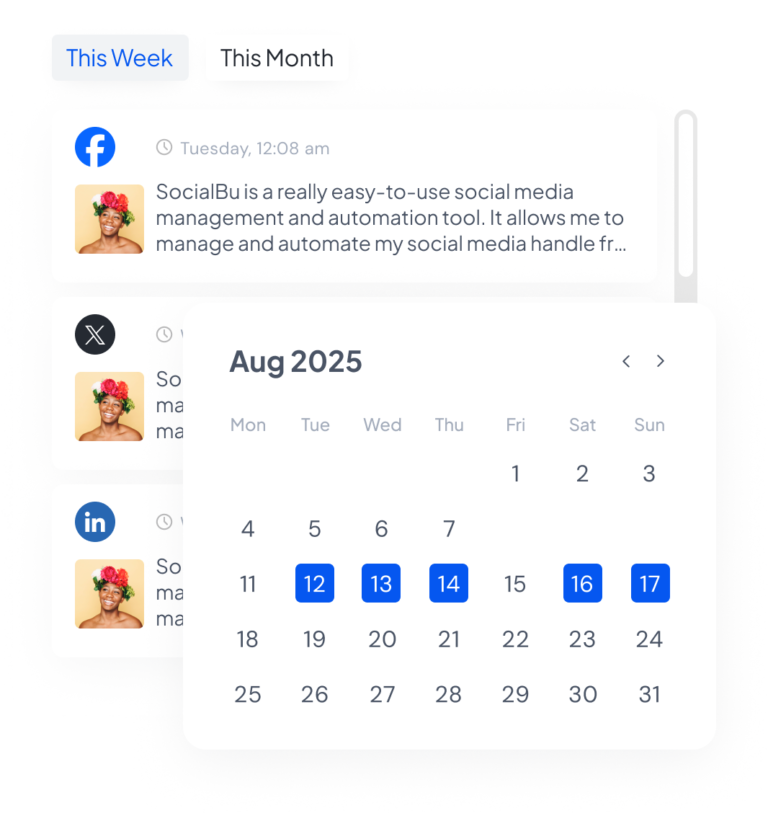 SocialBu social media publishing calendar with scheduled posts across dates