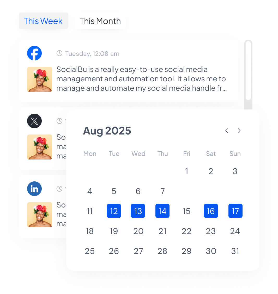 SocialBu social media publishing calendar with scheduled posts across dates